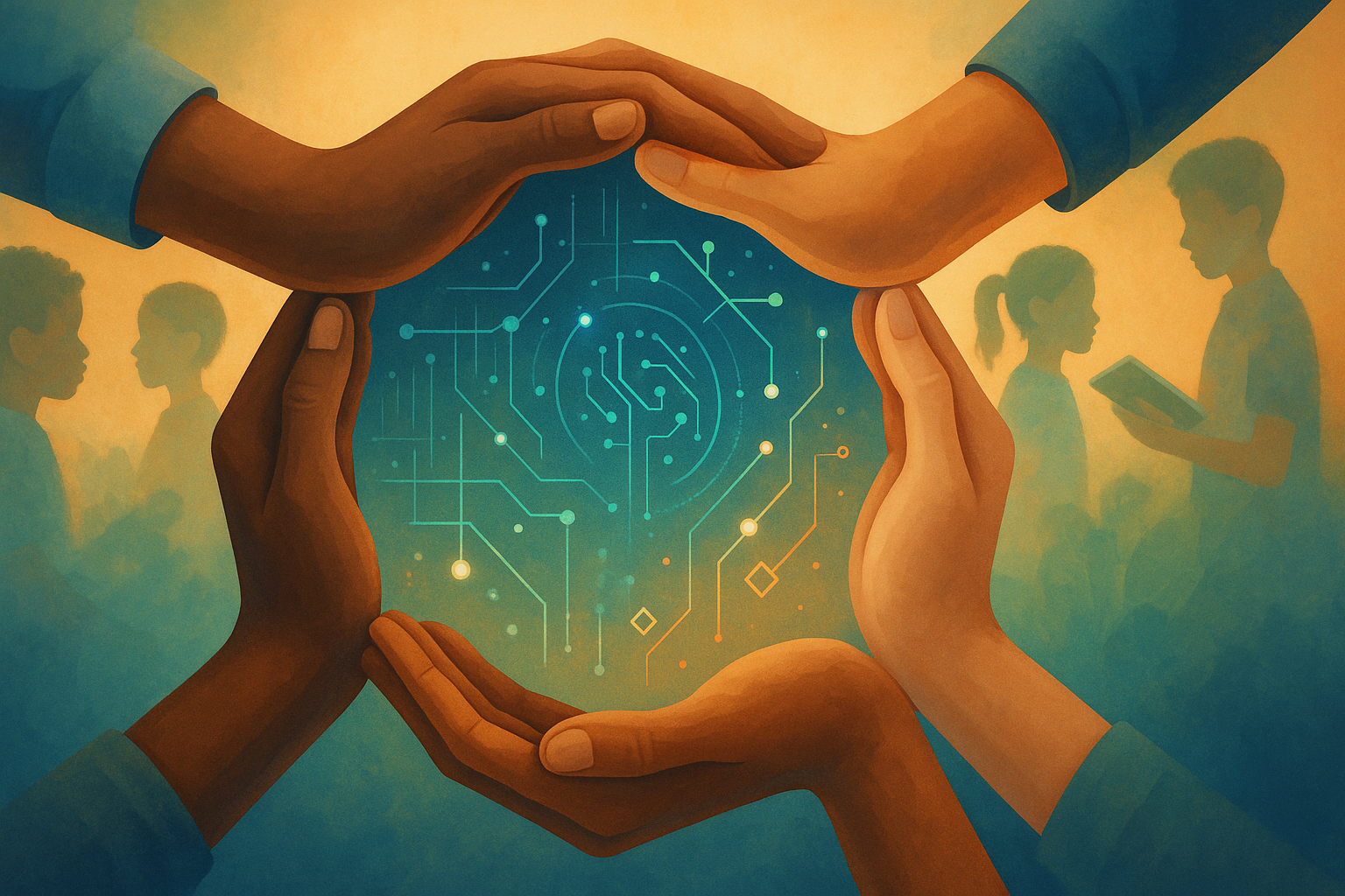 Crea una imagen de portada profesional para un artculo sobre inteligencia artificial en organizaciones sociales La composicin debe mostrarEn el centro manos humanas diversas de diferentes tonos de piel que se conectan formando un crculo de comunidad-1
