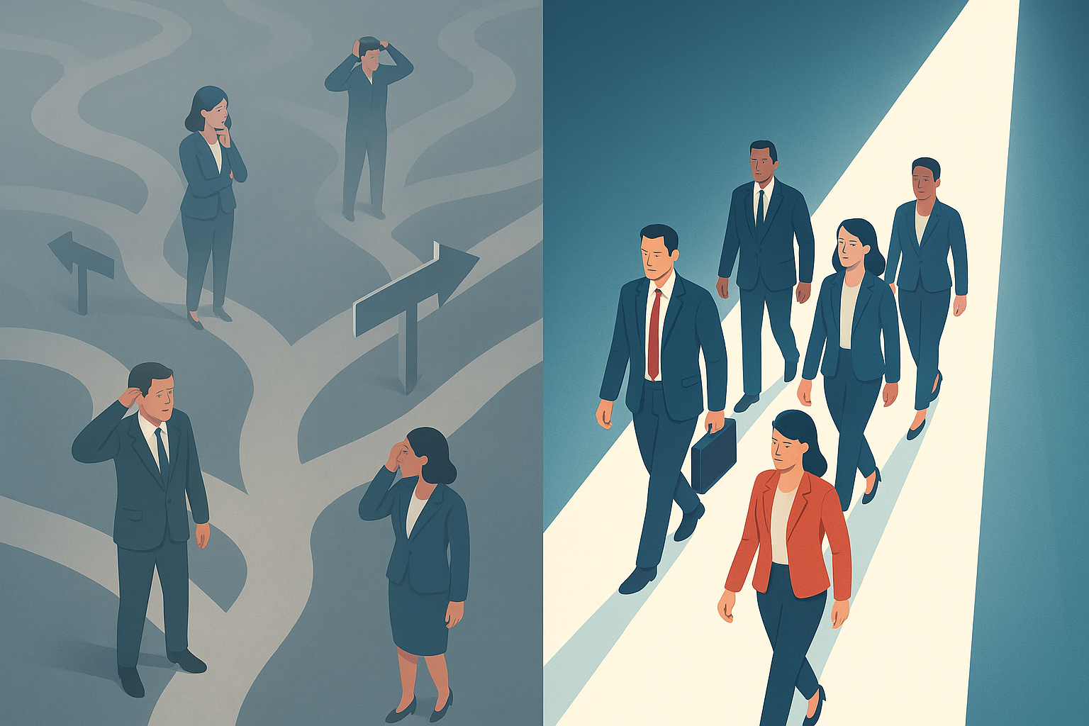 Professional business illustration showing two paths one foggy winding and unclear with multiple confused people at crossroads in muted colors another path crystal clear straight illuminated with confident team moving forward together in vibrant colo-1