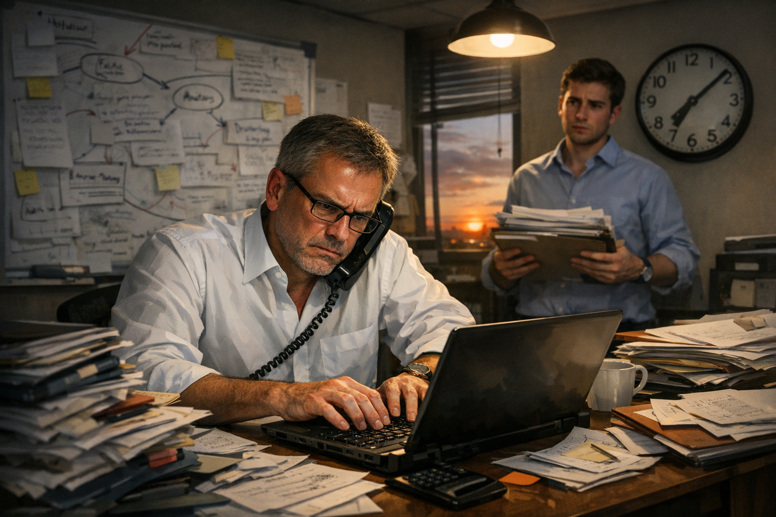 photographic The image depicts a busy office environment filled with tension and urgency A middleaged man and women near wearing a crisp white shirt a-3
