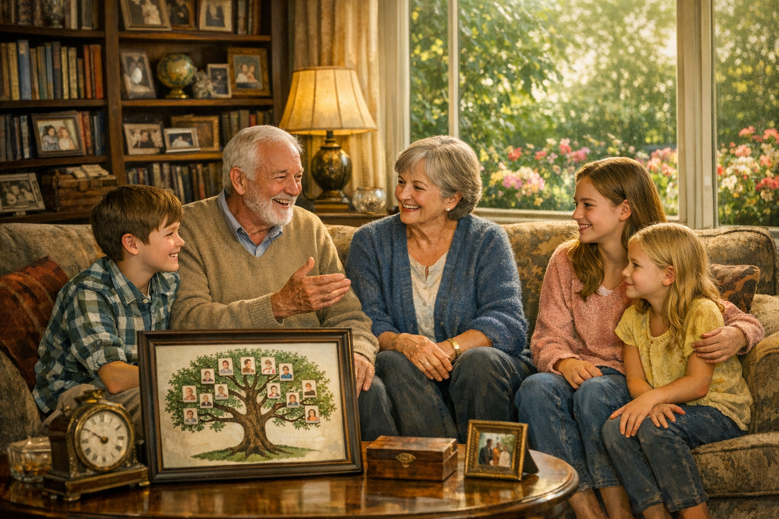 photographic The image depicts a serene family gathering in a cozy warmly lit living room A multigenerational family sits together on a plush sofa fra
